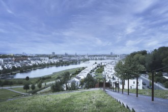 View from Berg am Phönixsee to the modern housing development and the lake, in the background on