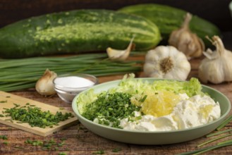 Ingredients for tzatziki, garlic, grated cucumber, sour cream and chives on a plate