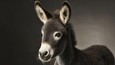 Young donkey, foal, 2 weeks old, portrait in front of dark background