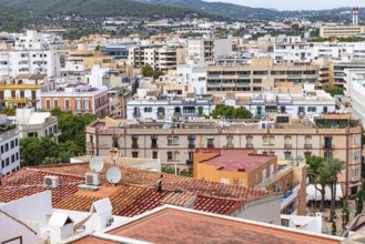 Above the rooftops of Eivissa's old town, Ibiza Town, Ibiza, Balearic Islands, Mediterranean,