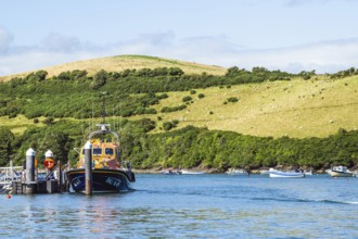 RNLI Salcombe Lifeboat Station boat in Salcombe, Kingsbridge Estuary, Batson Creek, Southpool