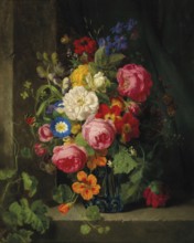 A large bouquet of flowers with roses, nasturtiums and butterflies, painting by Josef Lauer (1818,