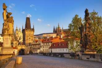 Lesser Town Bridge Tower in the early morning, Charles Bridge in Prague, Czech Republic, Europe