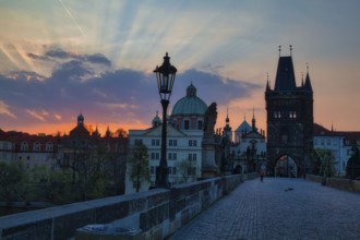 Charles Bridge with Old Town Bridge Tower, morning atmosphere, Prague, Czech Republic, Europe