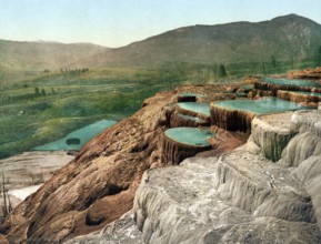 Pulpit Terraces from above, Yellowstone National Park, United States, 1890, Historic, digitally