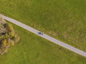 Green meadow with a narrow road and a person casting shadows on the road, high ropes course,