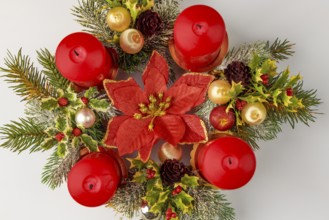 Round Advent wreath with red candles and Christmas decorations, from above