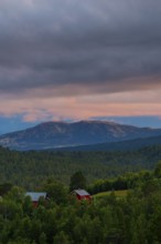 View of Dovrefjell, mountain, landscape photo, portrait format, fir forest, red wooden house,