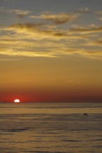 Sunset over the open sea, fishing vessel, North Sea, Hirthals, Jutland, Denmark, Europe