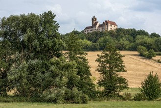 Ronneburg Castle, knight's castle from the Middle Ages, harvested grain fields, field, hill,