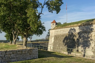 Covered path, guardhouse on fortress rampart, fortress wall with moat, bastion Kaltes Eck, Wülzburg