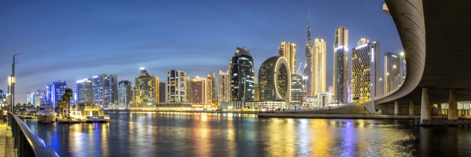 View of Dubai Burj Khalifa skyline tallest building in the world in Downtown Panorama at night in