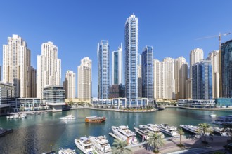 Dubai Marina skyline skyscrapers with yachts skyscrapers living on the waterfront in Dubai, United