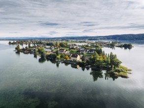 Aerial view of the north-western tip of the island of Reichenau in Lake Constance, with the