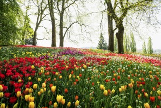 Park and flower meadow with colourful tulips, Mainau Island, Lake Constance, Baden-Württemberg,