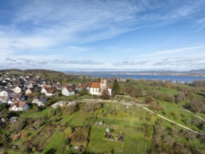 Aerial view of the municipality of Horn on the Höri peninsula with the church of St. Johann and