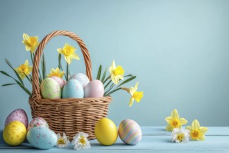 Easter eggs in a basket with daffodils Flowers in spring Greeting card with text free space