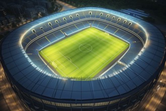 Aerial bird eye top view of a soccer football field stadium in night, AI generated