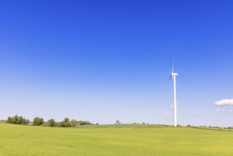 Wind turbine on a green field in the countryside and a clear blue sky on a sunny summer day,