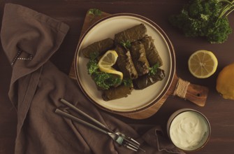 Dolma, cabbage rolls, grape leaves with filling, white sauce, lemon and herbs, rustic, selective