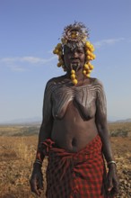 South Ethiopia, in the Maco National Park, woman from the Mursi tribe, Mursi woman with naked upper