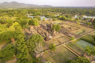 The central Buddhist temple Wat Mahathat seen from the air, UNESCO World Heritage Sukhothai