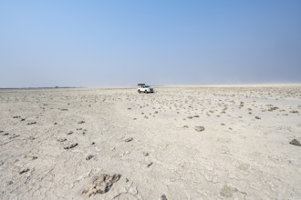 Four-wheel drive Toyota Hilux with roof tent, driving over salt pan, lone car in large wide plain,