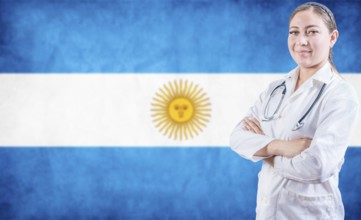 Doctor with arms crossed on Argentina flag background. Doctor with stethoscope on Argentine flag.