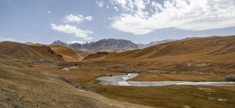 River Kol Suu winds through a mountain valley with hills of yellow grass, Naryn Province,