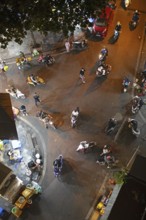 Mopeds in the old town at night, bird's eye view, Hanoi, Vietnam, Asia