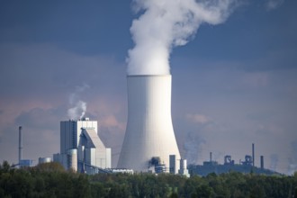 View of the STEAG coal-fired power plant Walsum, Block 10, cooling tower, parts of the Thyssenkrupp