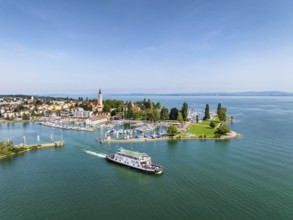 Harbour area, ferry port, yacht harbour, marina of Romanshorn with Seepark and the departing ferry