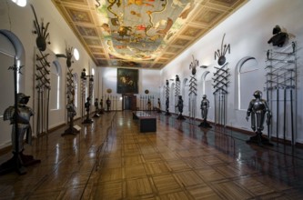 Baroque armoury, museum, Renaissance Ambras Castle, interior view, Innsbruck, Tyrol, Austria,