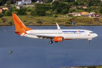 A Boeing 737-800 Smartwings aircraft with the registration C-FFPH at Corfu Airport, Greece, Europe