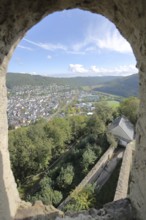 View from the keep of Nassau Castle built in 1093, view down, cityscape, aerial view, view,