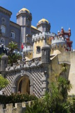 Historic castle with towers, stone structures and plants in the foreground under a blue sky,