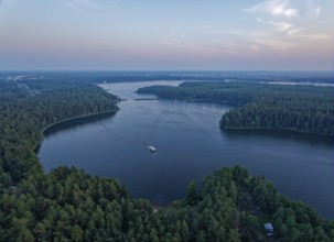 Aerial view of Lake Rospuda in the evening in northern Poland. Augustow, Podlaskie, Poland, Europe