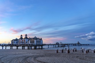 The pier of Sellin, evening mood, sunset, 394 metres long, with restaurant, jetty, beach chairs,