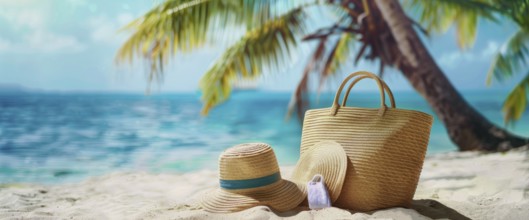 Beach scene with a straw hat, beach bag. Summer vacation, palm trees and ocean in the background,