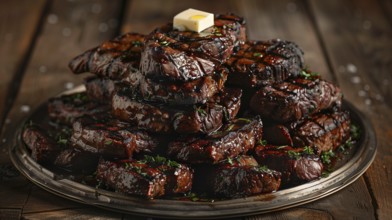 Plate with A stack of several grilled steaks with butter on top. generative AI, AI generated