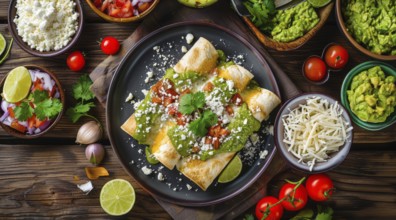 Plate of enchiladas with a side of salsa and guacamole. Wooden table with bowls of various sauces,