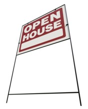 Left facing open house real estate yard sign isolated on a white background