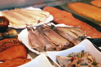 Close-up of a fish counter with fish and seafood