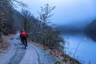 Lake Rursee in the Eifel, reservoir, upper lake, in winter, fog, near Heimbach, North