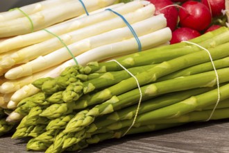 Green asparagus and white asparagus decorated on a rustic wooden table