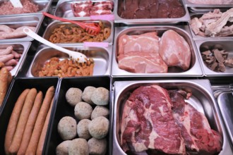 Variety of fine meat products in the butchery (Variety of fine meat products in the butchery)