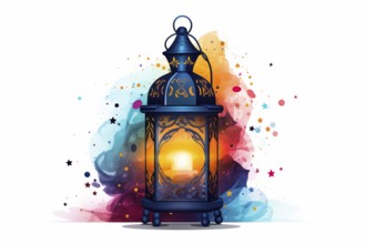 Vibrant illustration of a Ramadan lantern, surrounded by a colorful splash of lights and stars,