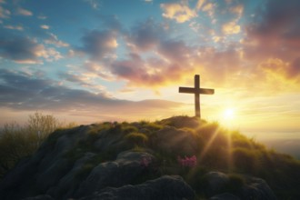 Easter concept cross on Golgotha Calvary hill against a dramatic sunset, AI generated