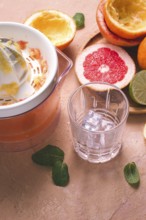 Citrus juicer, sliced fruit, glass with ice, close-up, no people, breakfast