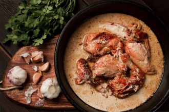 Shkmeruli, fried chicken, in milk-garlic sauce, Georgian cuisine, homemade, close-up, no people